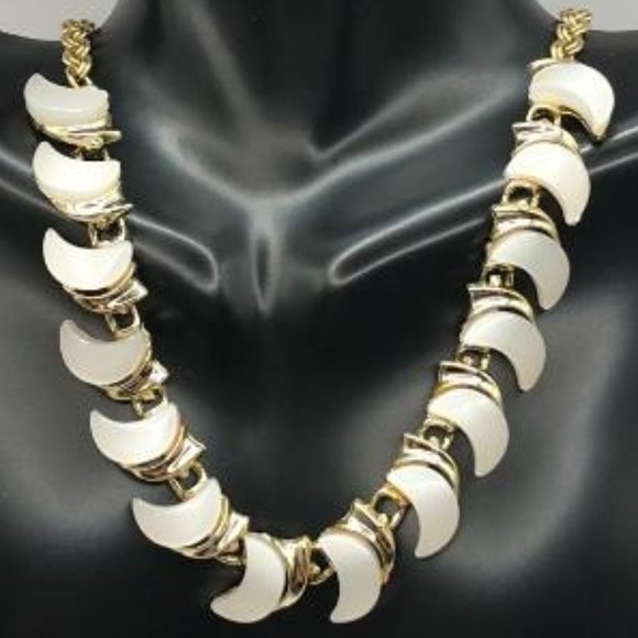 Gold-Tone & Thermoset Pearlescent Crescent Moon Necklace - Picture 4 of 9